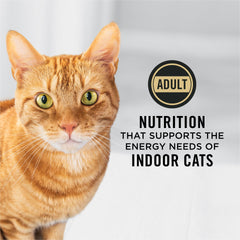 Purina Pro Plan indoor cat food featuring its salmon and rice formula name.