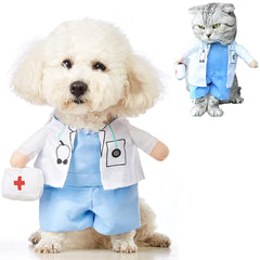 Qidelong pet doctor costume shown from the front with its white gown and blue scrubs.