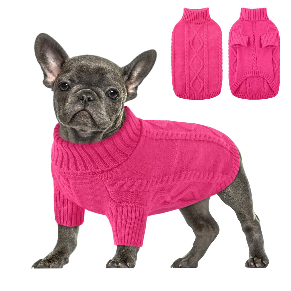 Queenmore dog sweater shown from the front with its cable-knit design.