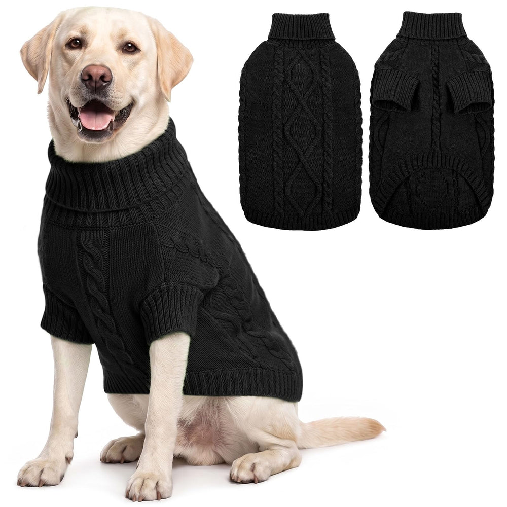 Queenmore dog sweater shown from the front, featuring its solid color and cable-knit design.