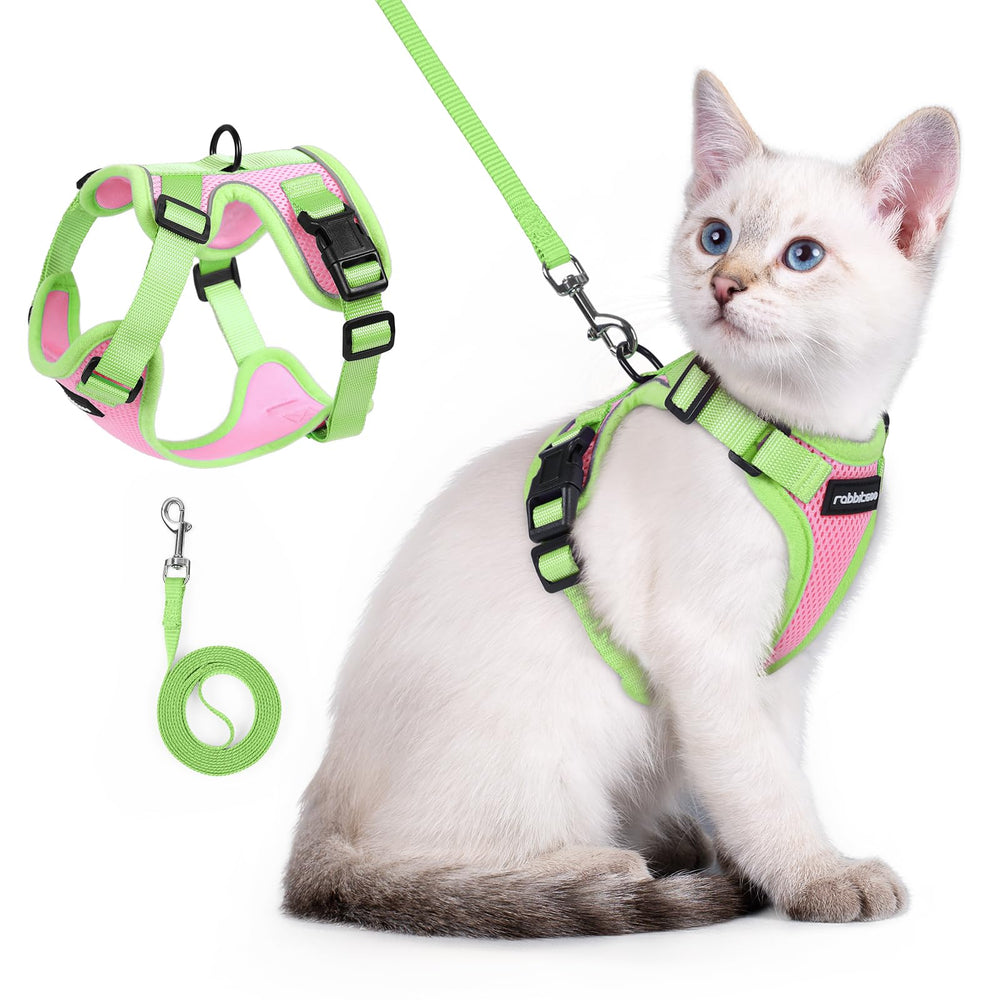 rabbitgoo cat harness and leash set shown from the front in pink and light green.