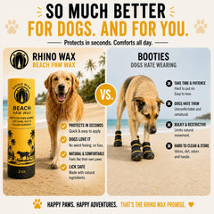Rhino Wax Beach Paw Wax shown as part of dog paw care.