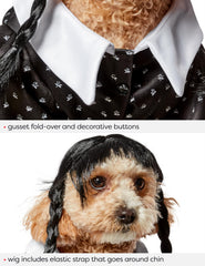 Rubies Wednesday Addams pet costume wig detail featuring the character’s braided pigtails.