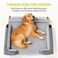 Song Puppy dog bed showing the fold-down bolster secured with Velcro.