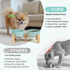 SPUNKYJUNKY elevated dog bowls showing the bamboo stand with two height settings.