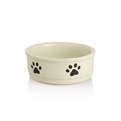 Sweejar ceramic dog bowl shown from the front in beige with its paw pattern.