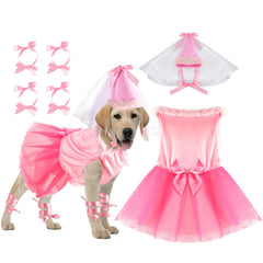 Sweetude dog princess costume shown from the front with its pink tutu skirt, hat, and cuffs.