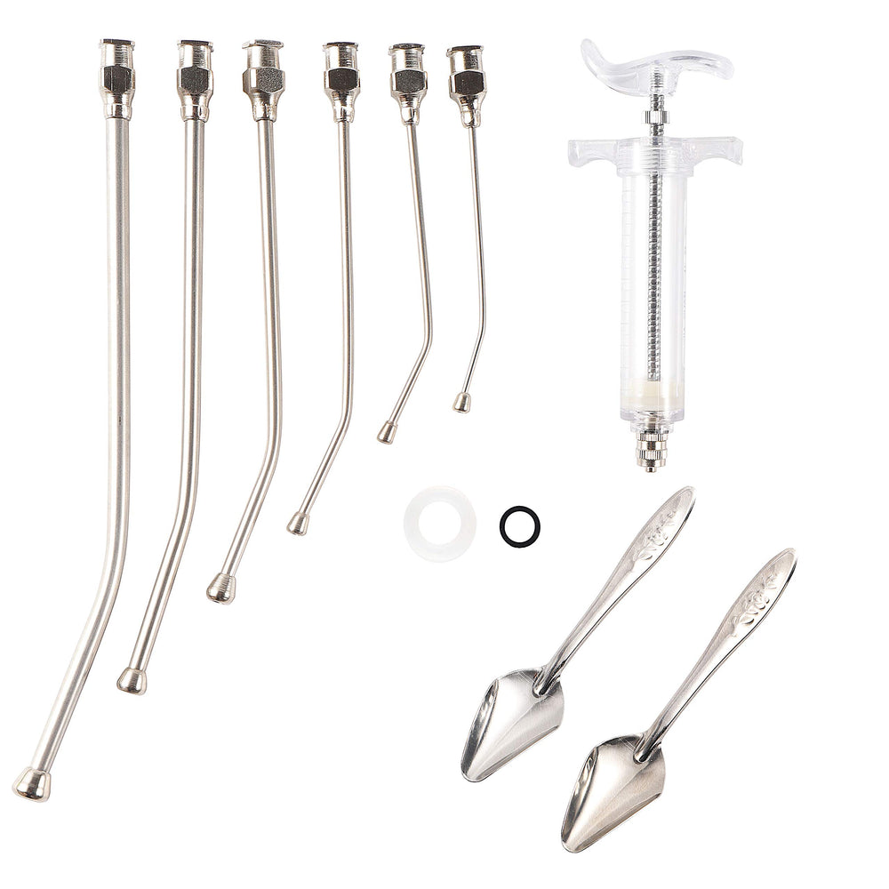 Talk-Satisfied young bird feeding set shown with its syringe, curved tubes, and feeding spoons.