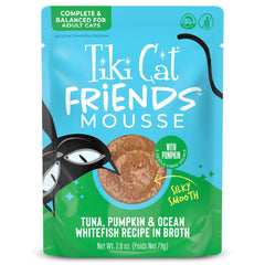 Tiki Cat Friends Mousse tuna, pumpkin and whitefish wet cat food shown from the front.
