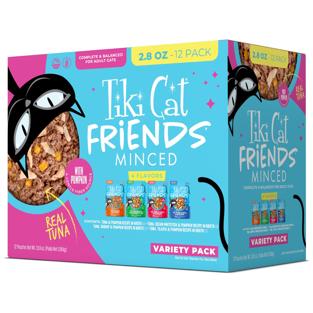 TIKI PETS Tiki Cat Friends wet cat food package shown from the front.