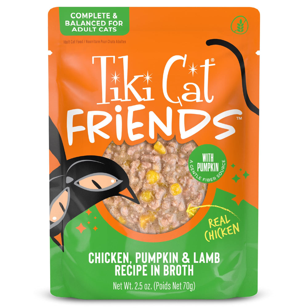 TIKI PETS Tiki Cat Friends wet cat food pouch, front view of the Chicken Pumpkin & Lamb recipe.