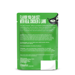 TIKI PETS Tiki Cat Friends wet cat food pouch highlighting the Chicken Pumpkin & Lamb recipe label.
