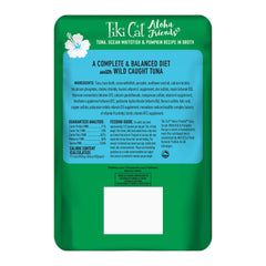 TIKI PETS Tiki Cat Aloha Friends wet cat food flavor label featuring tuna, whitefish, and pumpkin.