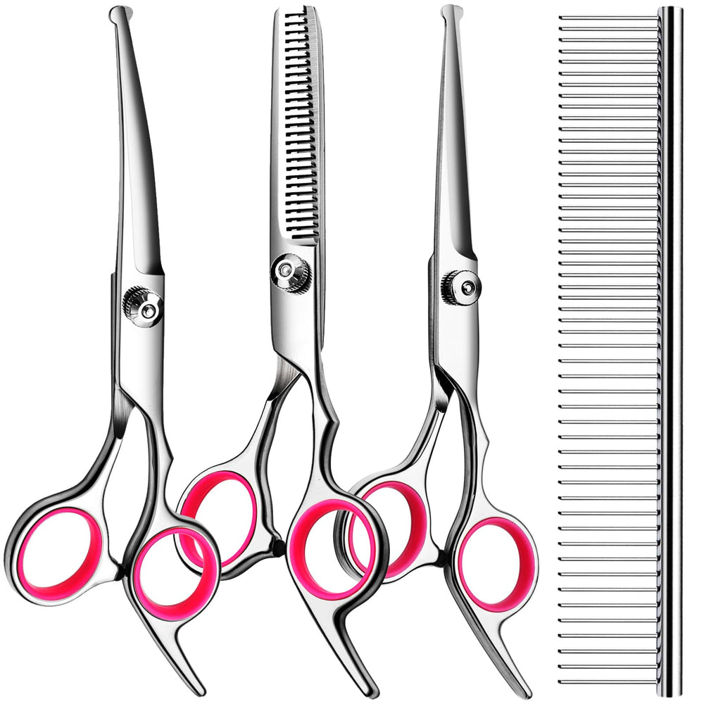 TINMARDA dog grooming kit showing the curved shears, thinning shears, straight shears and steel comb.