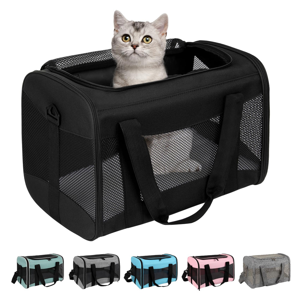 Top tasta pet carrier shown from the front with its black fabric and mesh panels.