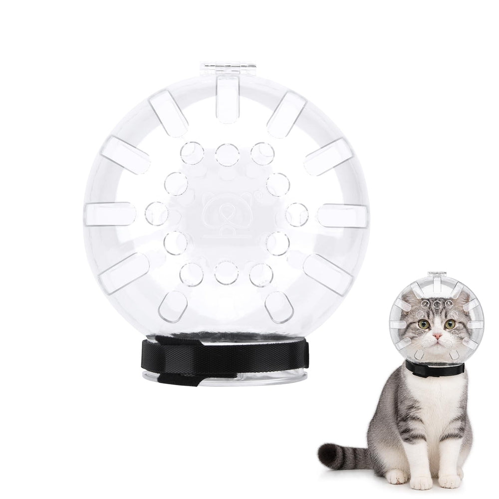 Trivolein cat grooming muzzle shown from the front with its clear helmet-style cover.