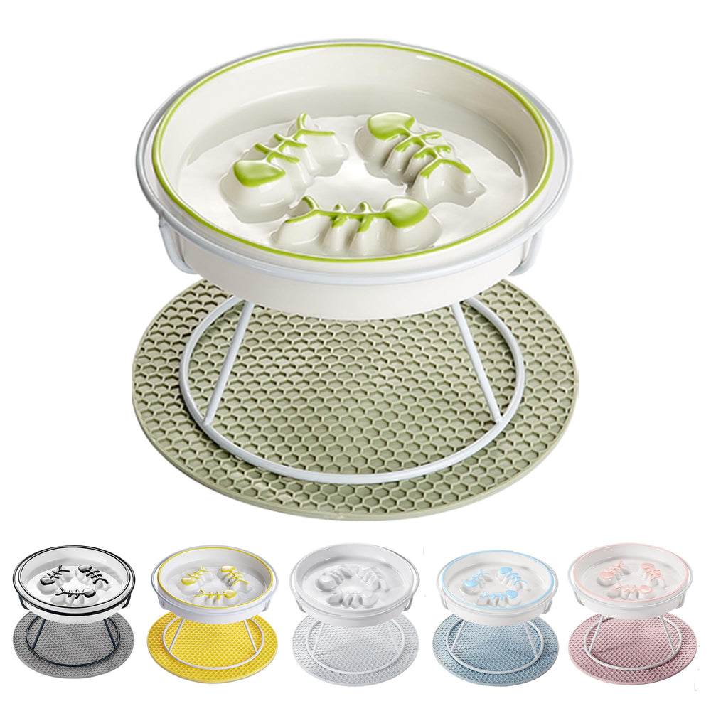 TRUNDISAN elevated ceramic slow feeder cat bowl shown with its dish and metal stand.