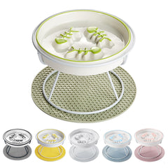 TRUNDISAN elevated ceramic slow feeder cat bowl shown with its dish and metal stand.