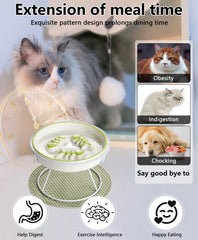 TRUNDISAN elevated ceramic slow feeder cat bowl shown from the side to show its shallow profile.