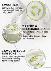 TRUNDISAN elevated ceramic slow feeder cat bowl showing the shaped feeding pattern inside.