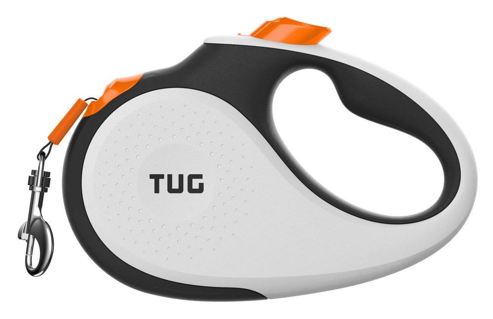 TUG retractable dog leash shown from the front in White/Orange.