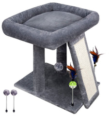 TWDEPART cat tree showing its hanging balls and spring balls for play.