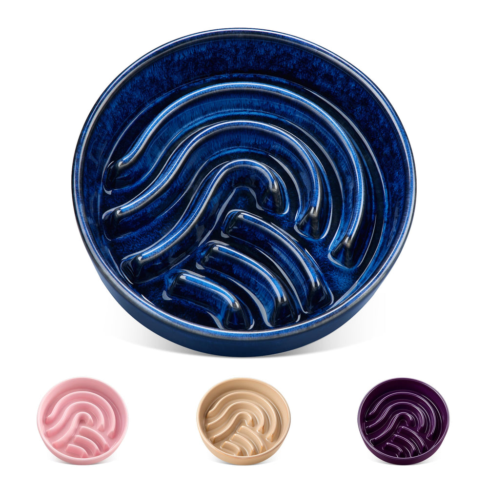 vancasso Slow Feeder Dog Bowl shown from the front in blue ceramic.