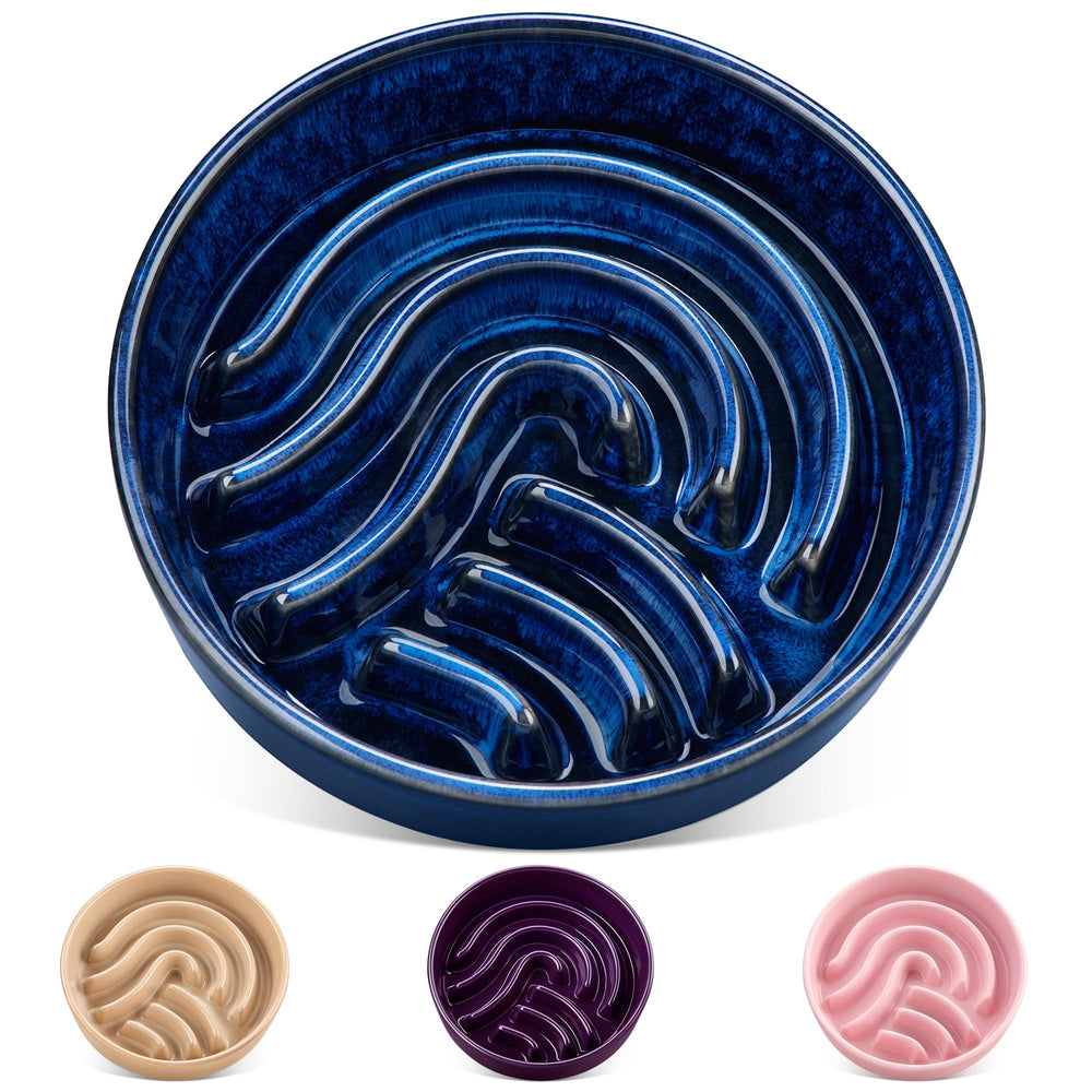 vancasso slow feeder dog bowl shown from the front in blue.