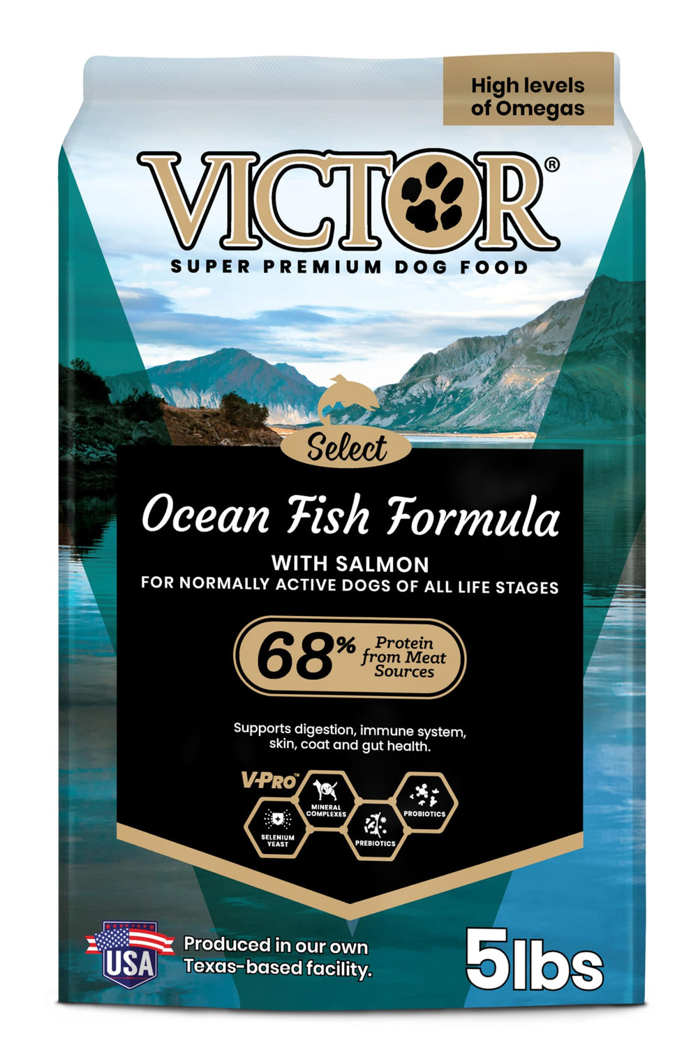 VICTOR Ocean Fish dry dog food bag shown from the front.