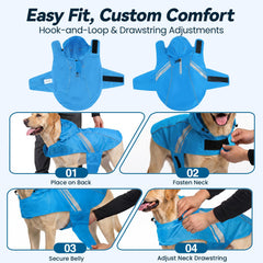 VIVAGLORY dog raincoat showing the covered two-way leash zipper.