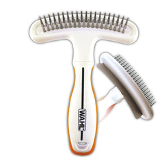 Wahl 2-in-1 pet rake shown from the front with its pin rake and shedding blade.