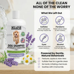 We Love Doodles dog shampoo presented as a four-in-one formula.