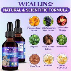WEALLIN flea and tick support drops liquid shown in close-up.