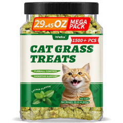 Wellix cat grass treats shown with the front of the resealable tin.