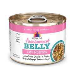 Weruva Awesome Belly wet dog food can shown from the front.