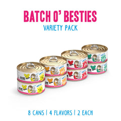 Weruva BFF minced wet cat food can label showing the Batch O Besties recipe.