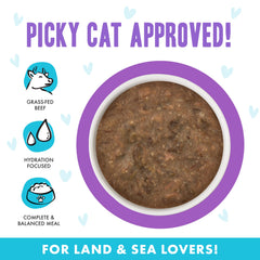 Weruva B.F.F. OMG cat food flavor label for Best Day Eva! with beef and salmon.
