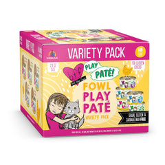 Weruva B.F.F. Play Fowl Play Yellow Patés variety pack shown from the front.