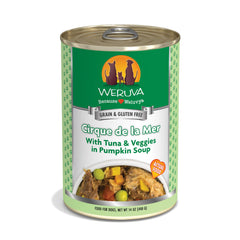 Weruva Cirque de la Mer dog food can shown from the front.