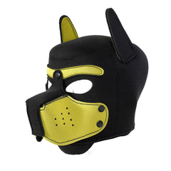 Womalen pup hood mask shown from the front in yellow.