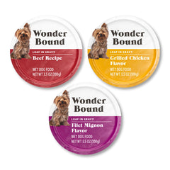Wonder Bound Small Breed Wet Dog Food variety pack featuring its three recipe flavors.