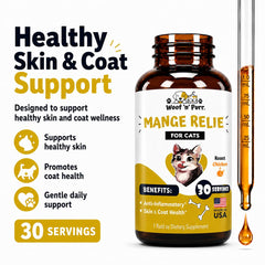 Woof 'n' Purr Cat Mange Treatment bottle highlighting its chicken flavor.