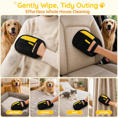 Yochaqute Pet Hair Removal Glove being used to gather pet hair from a sofa.