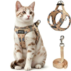 Zelvian cat harness shown from the front in beige.