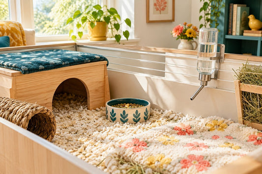 A tidy rabbit run with a wooden hideaway, a water bottle and a feeding bowl on a bedding-covered floor