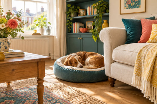A dog curled up asleep in a round cushioned bed beside a sofa in warm light