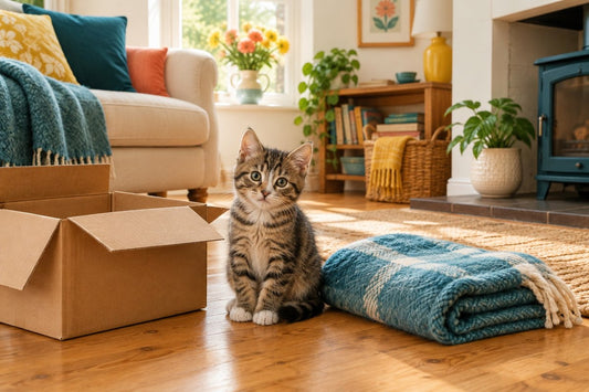 A small tabby kitten sitting beside a cardboard box and a soft blanket on a wooden floor
