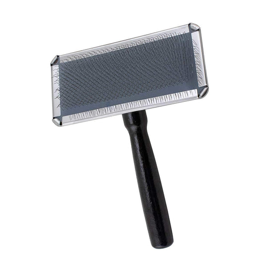 #1 All Systems Large Slicker Brush shown from the front with its silver brush head and wooden handle.