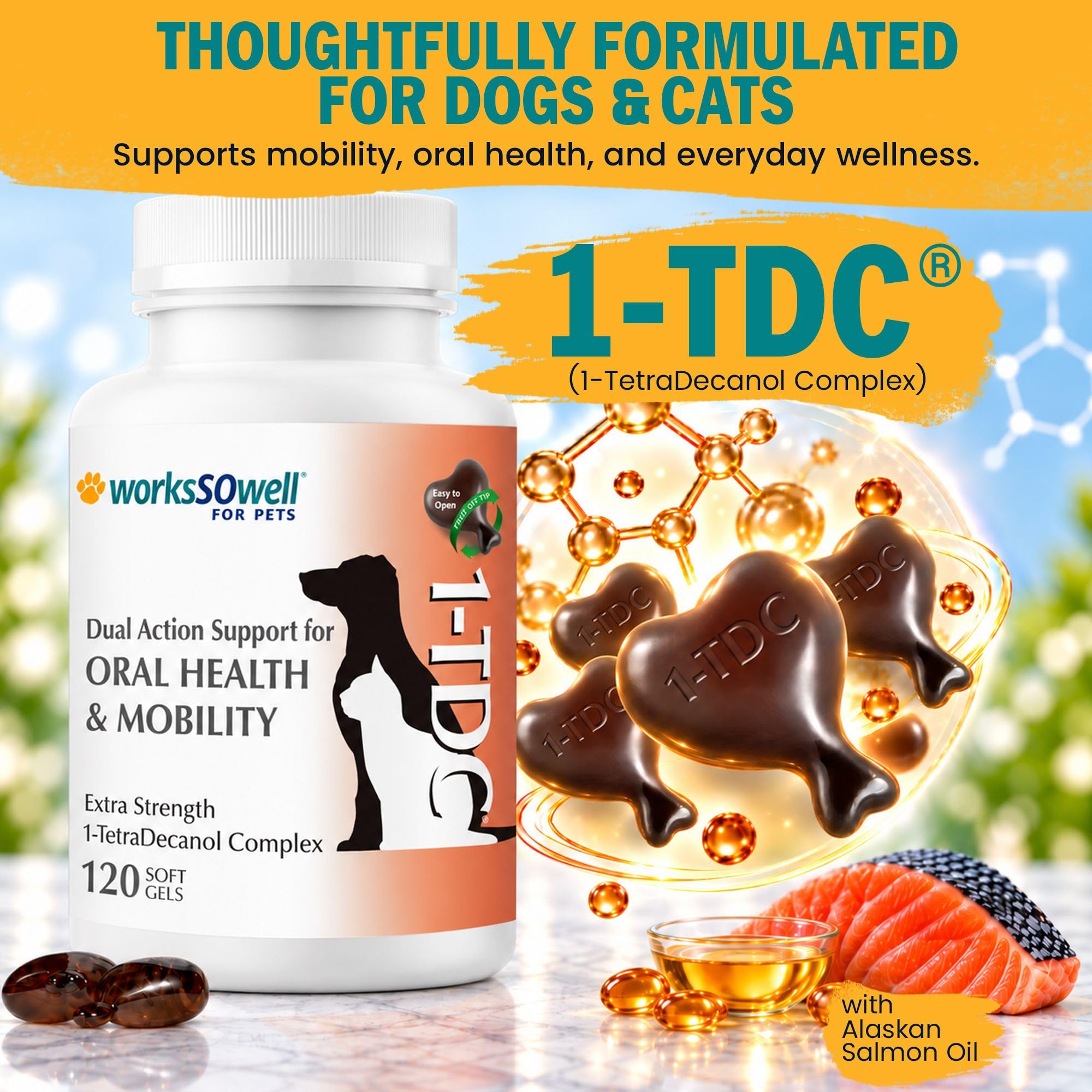 1-TDC joint and gum support soft gels with the bottle shown from the side.