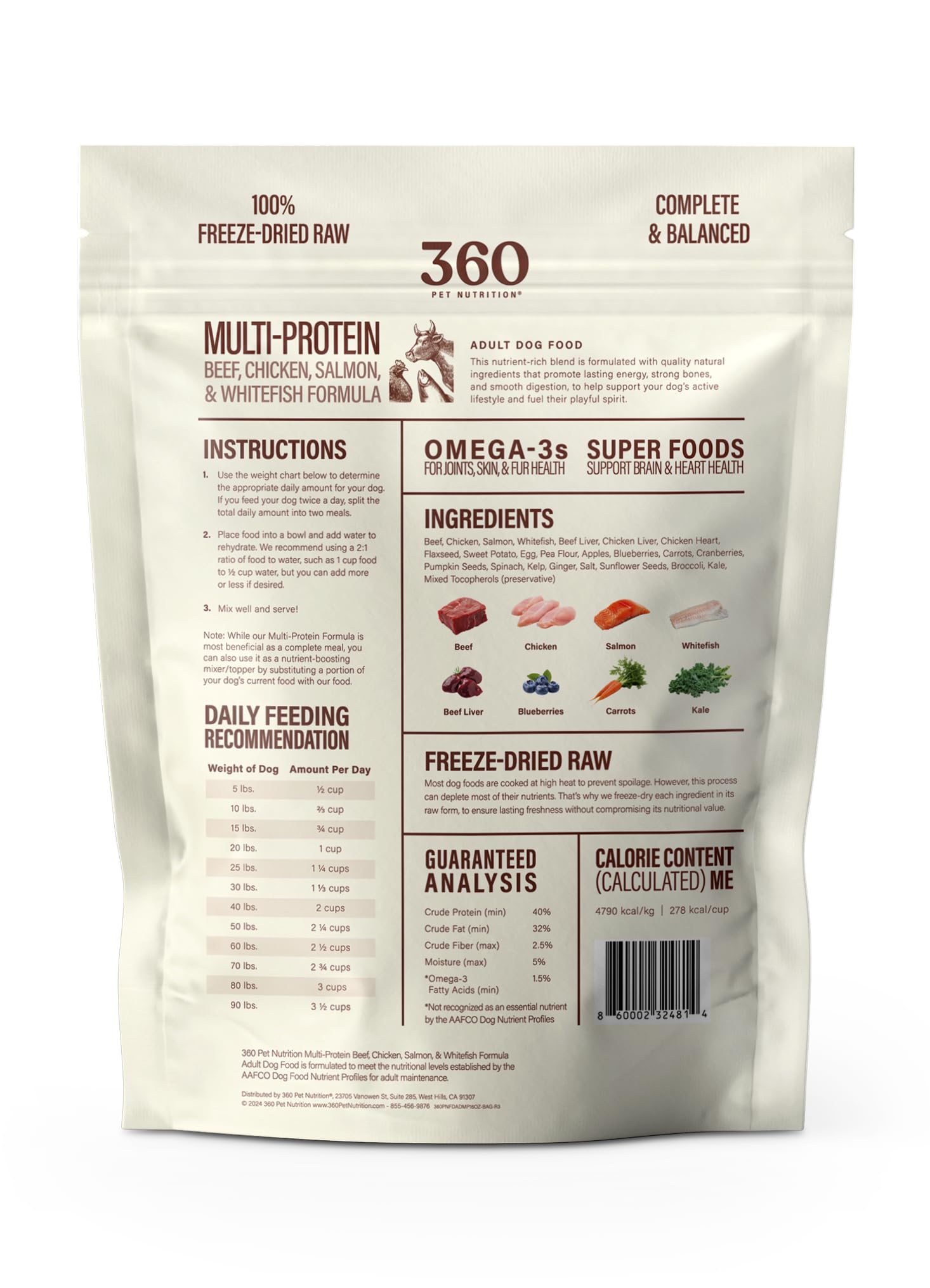360 Pet Nutrition Freeze-Dried Raw Dog Food shown in its 1 lb package.